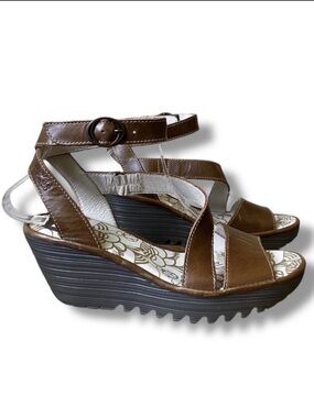 Women’s Fly London Brown Leather Wedge Sandals with Ankle Strap